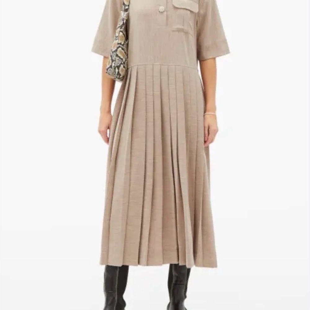 Ganni Taupe Pleated Midi Dress